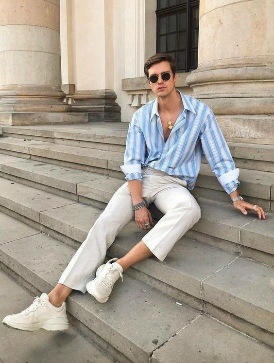 Blue Striped Shirt with White Linen Pants and White Sneakers